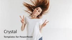  Presentation with peace - Slide set having funny woman in t-shirt background and a light gray colored foreground