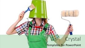  Presentation with funny construction - PPT theme enhanced with funny-woman-painter-in-construction background and a seafoam green colored foreground