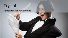  Presentation with quill pen - Beautiful theme featuring funny writer with quill backdrop and a light gray colored foreground