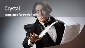  Presentation with vintage - Beautiful PPT theme featuring funny writer with quill backdrop and a gray colored foreground