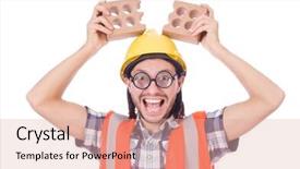  Presentation with funny construction - Cool new presentation design with funny young construction worker with broken brick isolated on white backdrop and a lemonade colored foreground