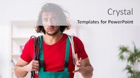 Presentation with electrician - Presentation theme having funny-young-male-electrician-working background and a white colored foreground