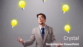  Presentation with juggling - Amazing PPT theme having funny young man standing and juggling with light bulbs backdrop and a gray colored foreground