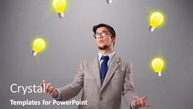  Presentation with juggling - PPT layouts featuring funny young man standing and juggling with light bulbs background and a gray colored foreground