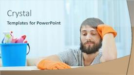  Presentation with furniture - Colorful slide set enhanced with funny-young-man-wiping-furniture backdrop and a sky blue colored foreground