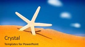  Presentation with beach toys on sand - Presentation theme featuring earth - globe cross - young woman background and a light blue colored foreground