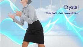  Presentation with blue wave - Slide set enhanced with furious businesswoman gesturing against abstract blue wave design in room background and a lemonade colored foreground