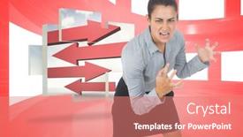  Presentation with windows - Colorful presentation enhanced with furious businesswoman gesturing against bright red room with windows backdrop and a coral colored foreground