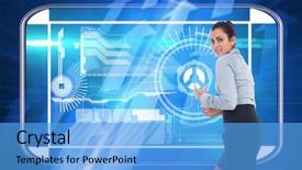  Presentation with upwards - Slide deck consisting of furious businesswoman gesturing against futuristic shiny arrow pointing upwards background and a light blue colored foreground