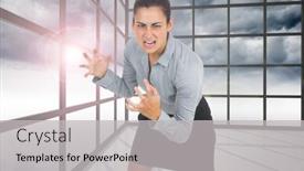  Presentation with gloomy - Slide set featuring furious businesswoman gesturing against gloomy sky seen through windows background and a light gray colored foreground