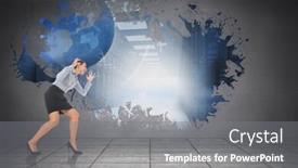  Presentation with server - Slide deck with furious businesswoman gesturing against splash on wall revealing global server graphic background and a gray colored foreground