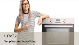  Presentation with young business woman smile show - Amazing slide deck having furnace - young smiling woman pointing backdrop and a mint green colored foreground