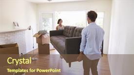  Presentation with new home - Beautiful theme featuring furniture - couple carrying sofa into new backdrop and a tawny brown colored foreground