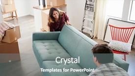  Presentation with new home - Audience pleasing slide deck consisting of furniture - couple surrounded by boxes carrying backdrop and a gray colored foreground