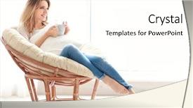  Presentation with tea - Audience pleasing presentation theme consisting of furniture - happy young woman drinking tea backdrop and a white colored foreground