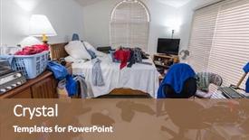  Presentation with messy - Audience pleasing PPT theme consisting of furniture - messy cluttered teenage boy's bedroom backdrop and a tawny brown colored foreground