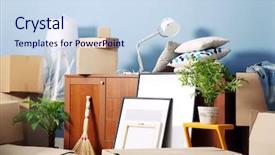  Presentation with moving - Beautiful presentation theme featuring furniture - packed household goods for moving backdrop and a sky blue colored foreground