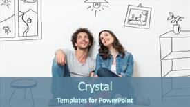  Presentation with new home - PPT theme featuring furniture - portrait of happy young couple background and a ocean colored foreground