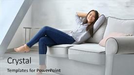  Presentation with baking light waem and a soft gre - Amazing presentation having furniture - young woman relaxing on cozy backdrop and a light gray colored foreground