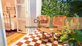  Presentation with waiting room furniture - Presentation theme featuring furniture and glasses of vine background and a coral colored foreground