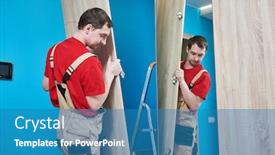  Presentation with living room - PPT theme having furniture-assembling-professional-worker-installing background and a teal colored foreground