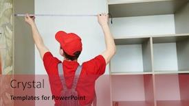  Presentation with measuring - Beautiful theme featuring furniture-assembling-professional-worker-measuring backdrop and a red colored foreground