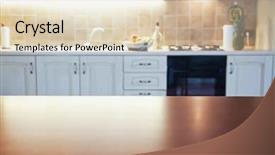  Presentation with kitchen equioment and utilises - Slides having furniture free - blurred kitchen interior and napkin background and a  colored foreground