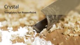  Presentation with dark vintage wood table texture - PPT theme enhanced with furniture making - cutters for wood and wood background and a  colored foreground