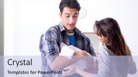  Presentation with newborn baby on his mothers and - PPT theme enhanced with furniture nursing home - young parents with their newborn background and a light blue colored foreground