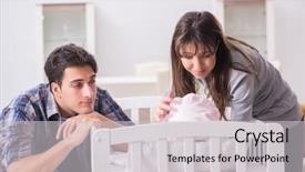  Presentation with new parents baby and dr - Presentation featuring furniture nursing home - young parents with their newborn background and a light gray colored foreground