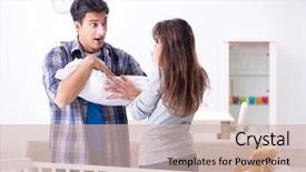  Presentation with new parents baby and dr - Slide deck featuring furniture nursing home - young parents with their newborn background and a soft green colored foreground