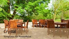  Presentation with outdoor furniture - Audience pleasing slides consisting of furniture park - tables and chairs of outdoor backdrop and a coral colored foreground