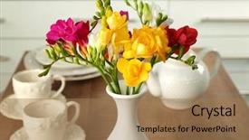  Presentation with flowers vase - Audience pleasing slide deck consisting of fuschia - vase with beautiful bouquet backdrop and a coral colored foreground