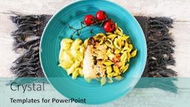  Presentation with salmon - Slide deck with fusilli-salmon-and-dill-cream background and a teal colored foreground