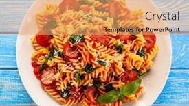  Presentation with sausages - Slides consisting of fusilli-with-sausages-and-vegetables background and a coral colored foreground