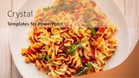  Presentation with sausages - Amazing slide set having fusilli-with-sausages-and-vegetables backdrop and a lemonade colored foreground