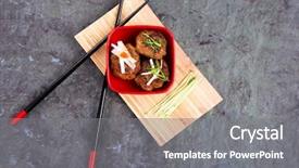  Presentation with fusion - Slide set having fusion - asian meatballs ganhished with pea background and a gray colored foreground