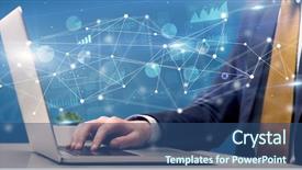  Presentation with laptop computers around the world - Colorful slide set enhanced with fusion - businessman typing on laptop backdrop and a ocean colored foreground