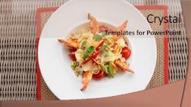  Presentation with prawn - Presentation featuring fusion - prawn appetizer with cabbage bell background and a coral colored foreground