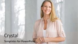  Presentation with cheerful - Slide deck enhanced with future - cheerful mature woman in casual background and a coral colored foreground