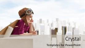  Presentation with children little child girl plays - Audience pleasing theme consisting of future - little child girl plays astronaut backdrop and a soft green colored foreground