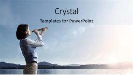  Presentation with sunrise - Audience pleasing PPT theme consisting of future aim - young businesswoman looking in spyglass backdrop and a light blue colored foreground
