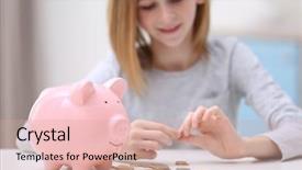  Presentation with banking - Colorful presentation theme enhanced with future banking - cute girl with piggy bank backdrop and a coral colored foreground