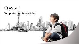 Presentation with cityscape - Audience pleasing PPT theme consisting of future city - smiling child with rucksack sitting backdrop and a white colored foreground