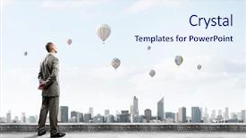  Presentation with businessman standing on mountain top - Cool new presentation with future city - young handsome businessman standing backdrop and a sky blue colored foreground