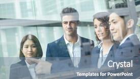  Presentation with group - Presentation enhanced with future culture - group of business people discuss background and a seafoam green colored foreground