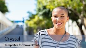  Presentation with space race - Cool new presentation theme with future culture - portrait of a bald woman backdrop and a teal colored foreground