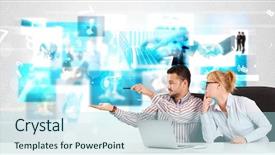  Presentation with blue business - PPT theme with future mobile technology - business persons at desk background and a arctic colored foreground