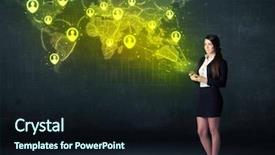  Presentation with mobile network - Cool new presentation theme with future mobile technology - businesswoman in office with tablet backdrop and a  colored foreground