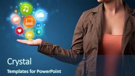  Presentation with hand holding colorful brain sketch - Beautiful PPT theme featuring future mobile technology - young woman holding colorful multimedia backdrop and a ocean colored foreground